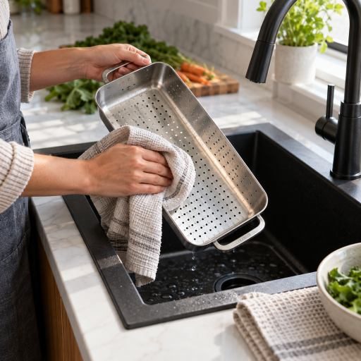 Hands drying a removable stainless colander beside a clean black kitchen sink