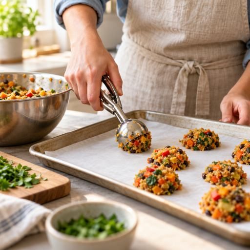Hands using a stainless portioning spoon to shape vegetable mixture on a lined tray