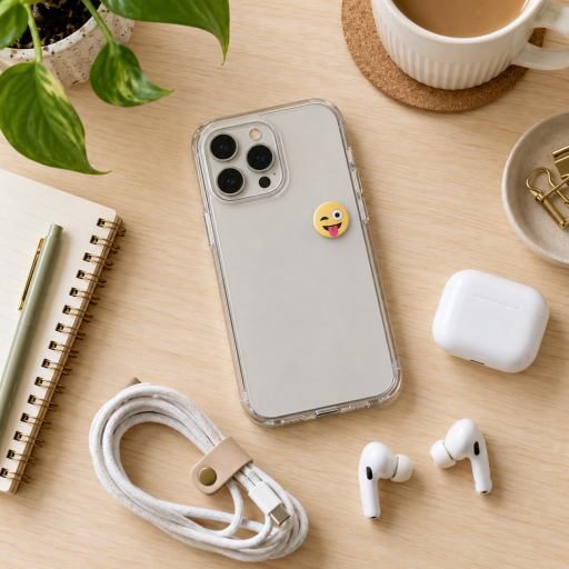 Clear phone case with a playful emoji sticker beside a charging cable, earbuds, and notebook