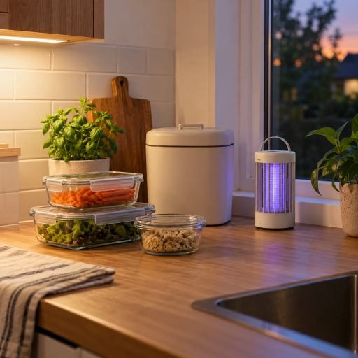 Sealed food containers and rechargeable insect flycatcher on a clean kitchen counter near a window
