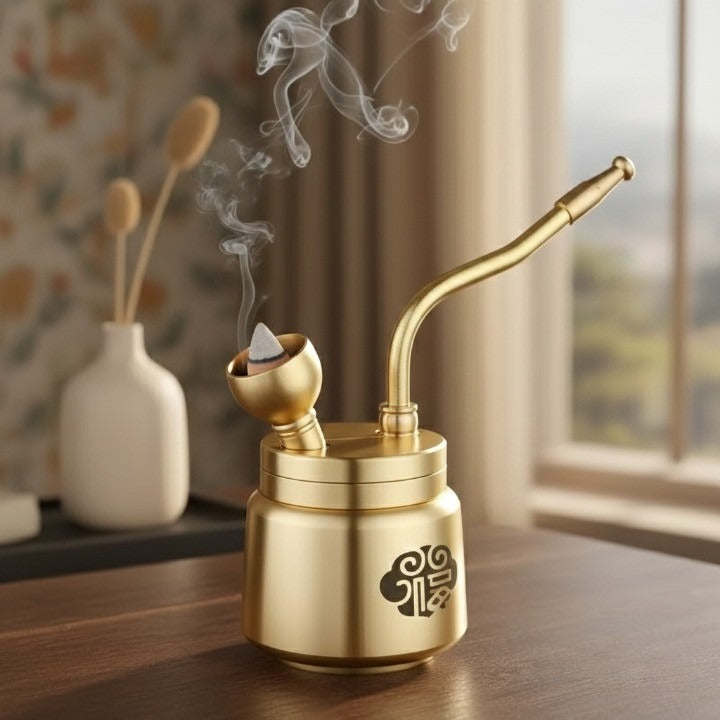 Close-up of the Artisan Brass Pipe Aromatherapy Incense Burner's unique design