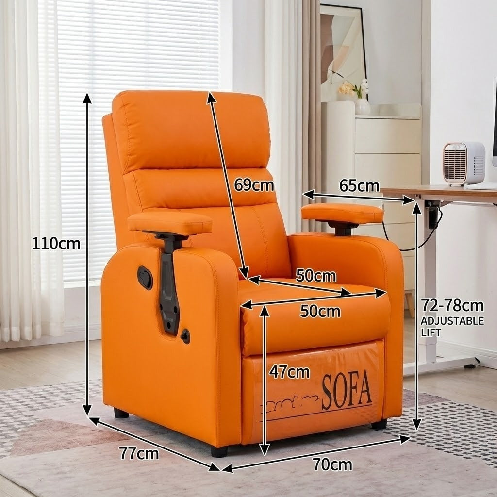 Diagram showing the dimensions and adjustable features of the recliner