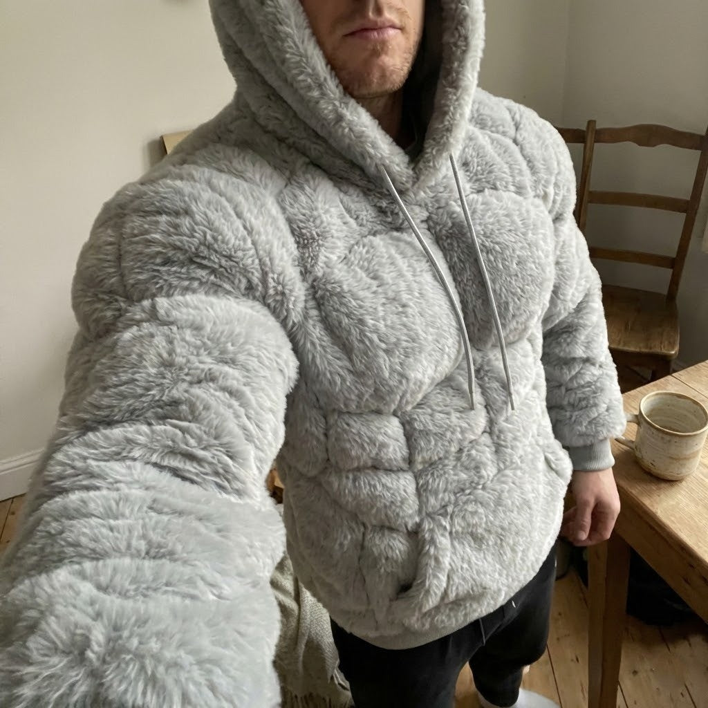 Close-up of the ultra-soft plush fabric on the muscle hoodie