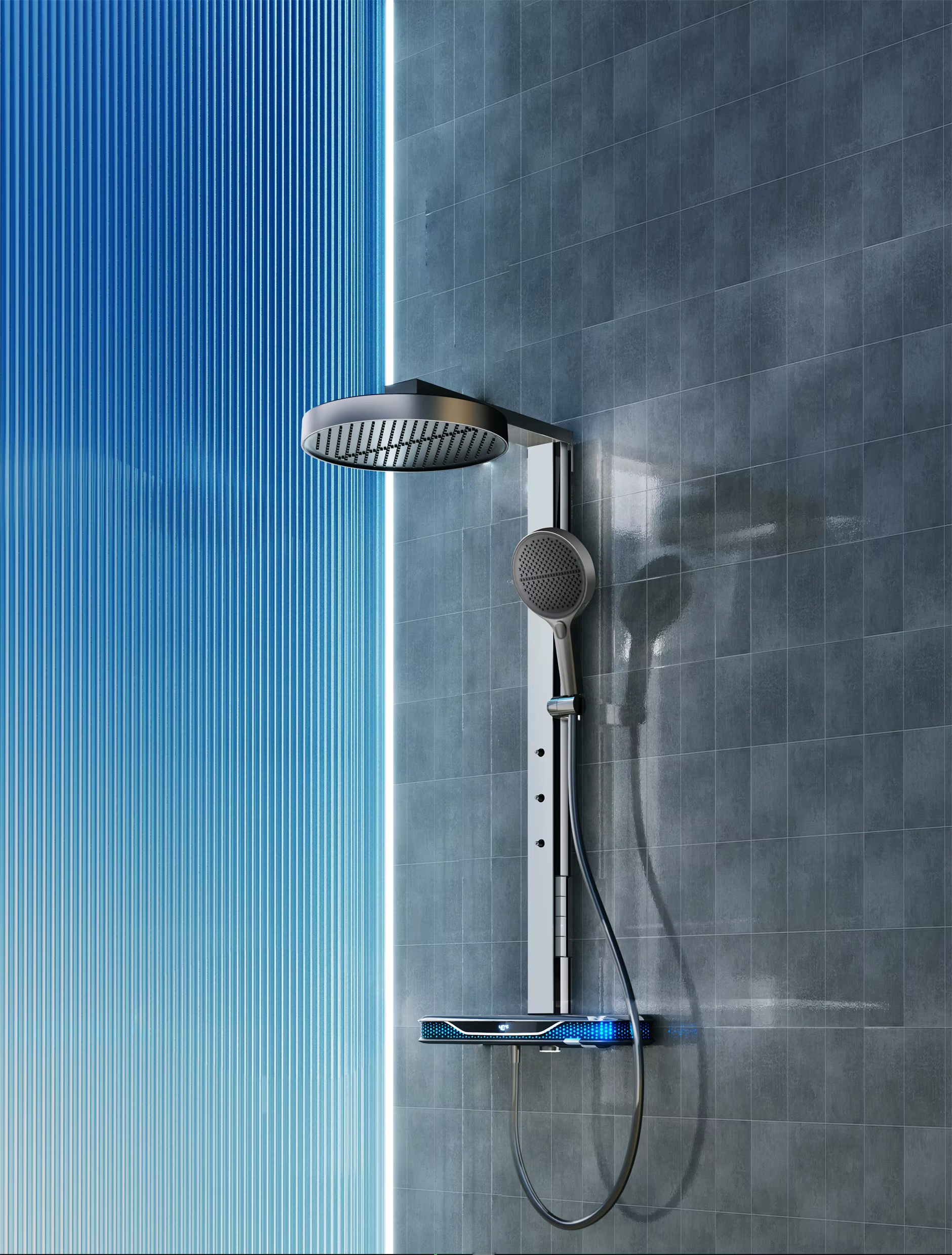 Lifestyle view of the modern brushed chrome shower system