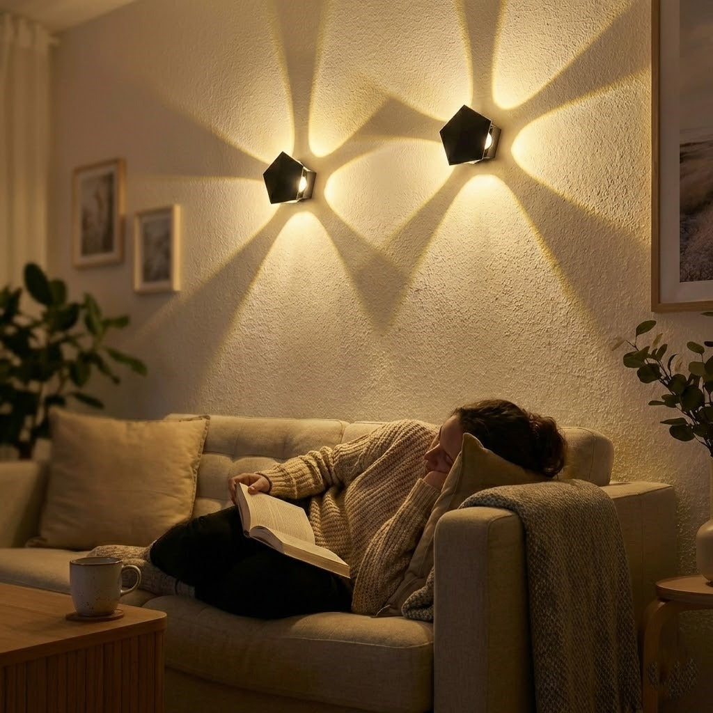 Unique gift idea Black Prism Wall Lamp shown in a modern living room