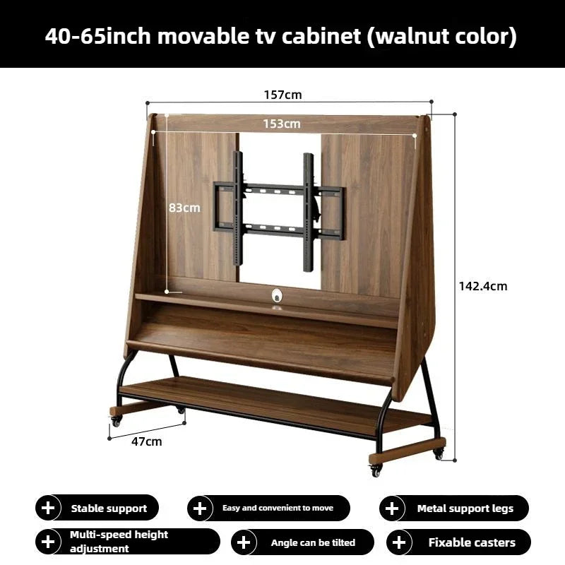 Detailed dimensions of the Milano Time TV stand for various screen sizes