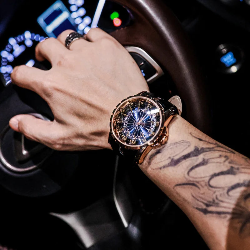 A person wearing the Star Inspired Skeleton Watch showcasing its size