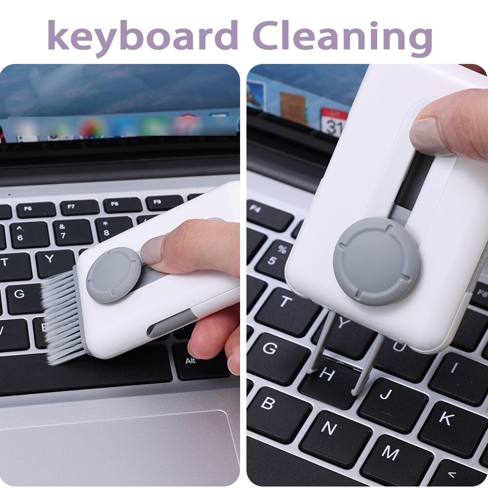Using the 6in1 cleaning tool on a pair of wireless earphones