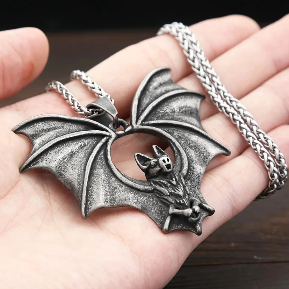 Close-up view of the detailed sculpting on the Gothic Night Bat Pendant