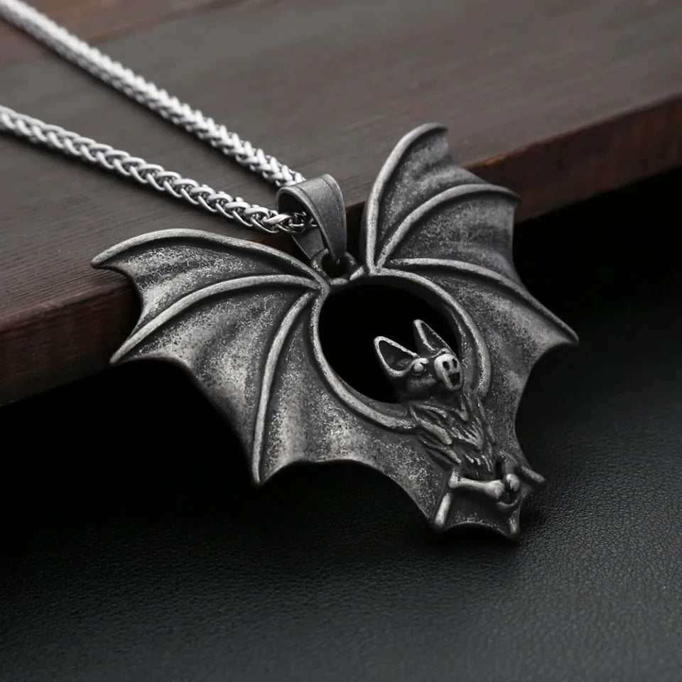 Model wearing the Gothic Night Bat Pendant Necklace as a statement piece