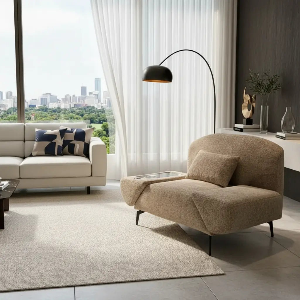 Close-up of the integrated marble side table and wireless charging pad on the lounge sofa