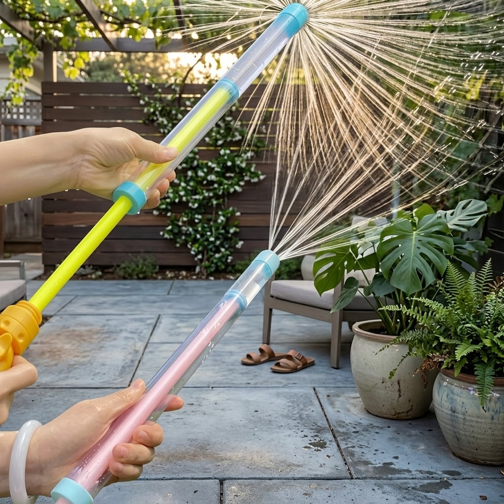 Kids playing in the yard with the colorful Starburst Pull-Action Water Gun Blaster Toy