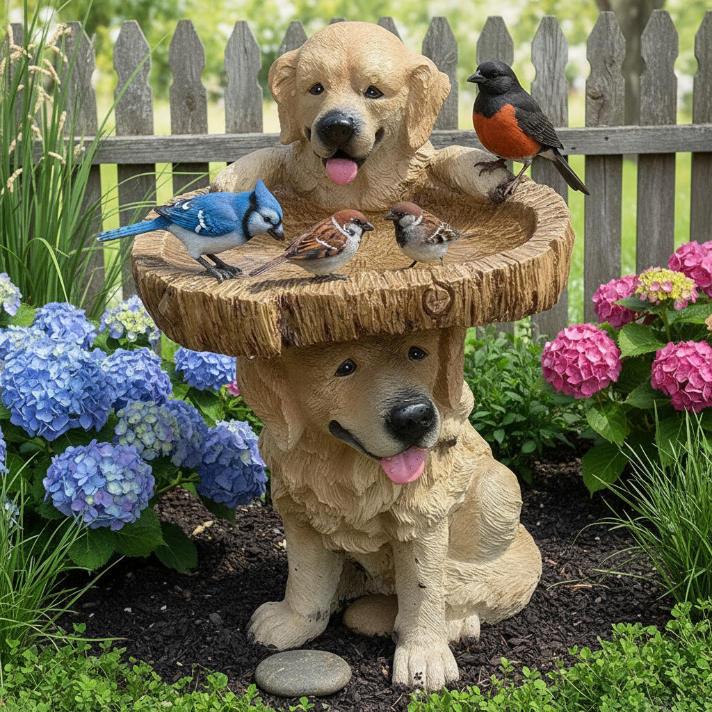 Close-up detail of the resin Golden Retriever Puppy Bird Bath