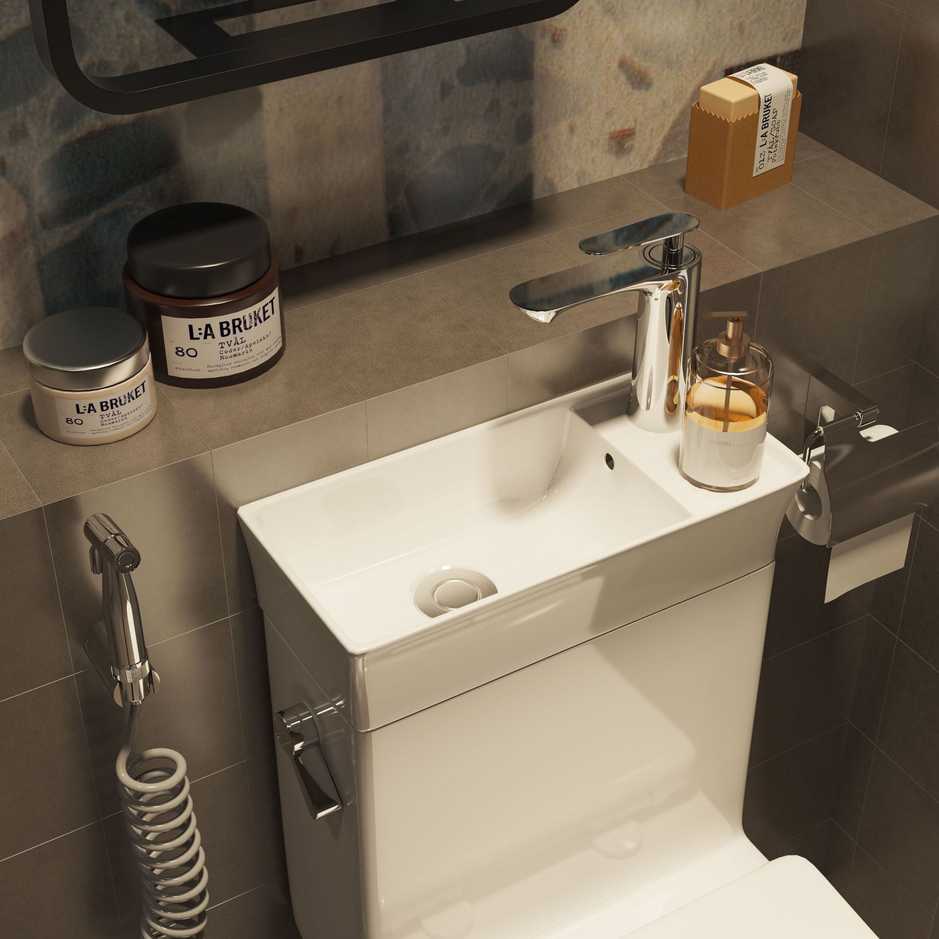 Full view of the space-saving toilet and sink unit