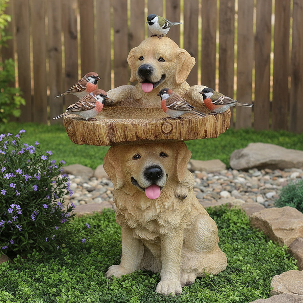 Side view of the charming puppy bird bath statue in a garden setting