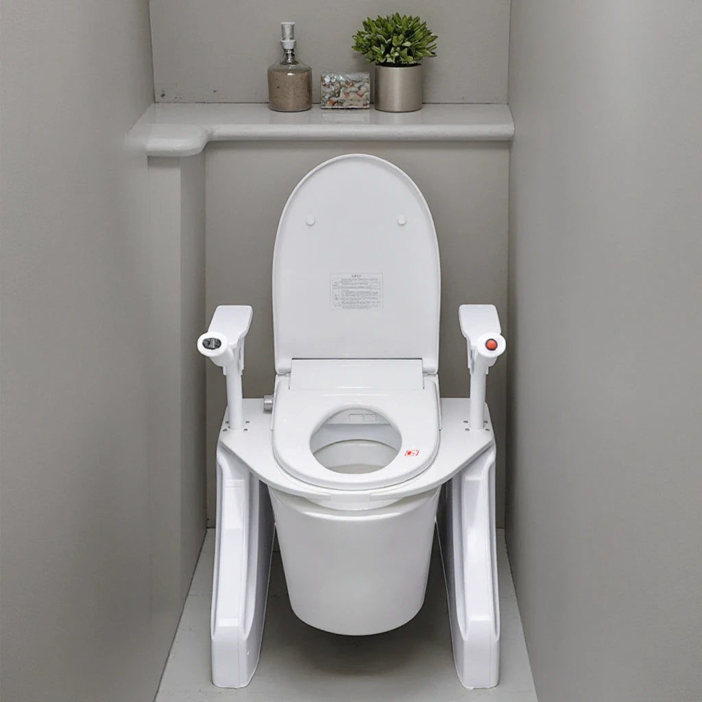 Detailed view of the toilet lift seat's sturdy construction and cushion