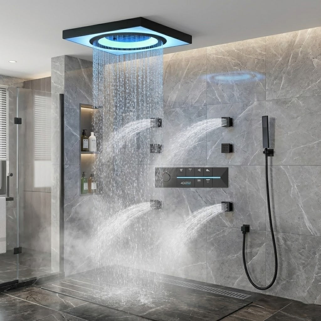 A person enjoying the immersive experience of the LED music shower