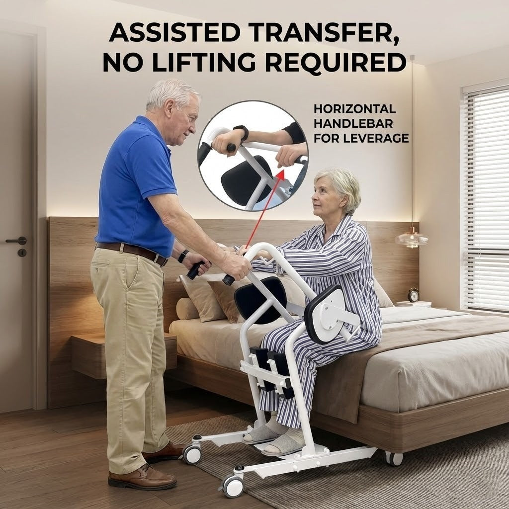 A caregiver easily using the stand assist chair with a patient