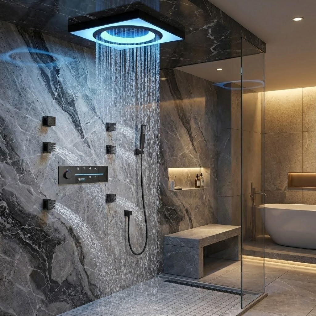 Rainfall Smart LED Music Shower System installed in a modern bathroom