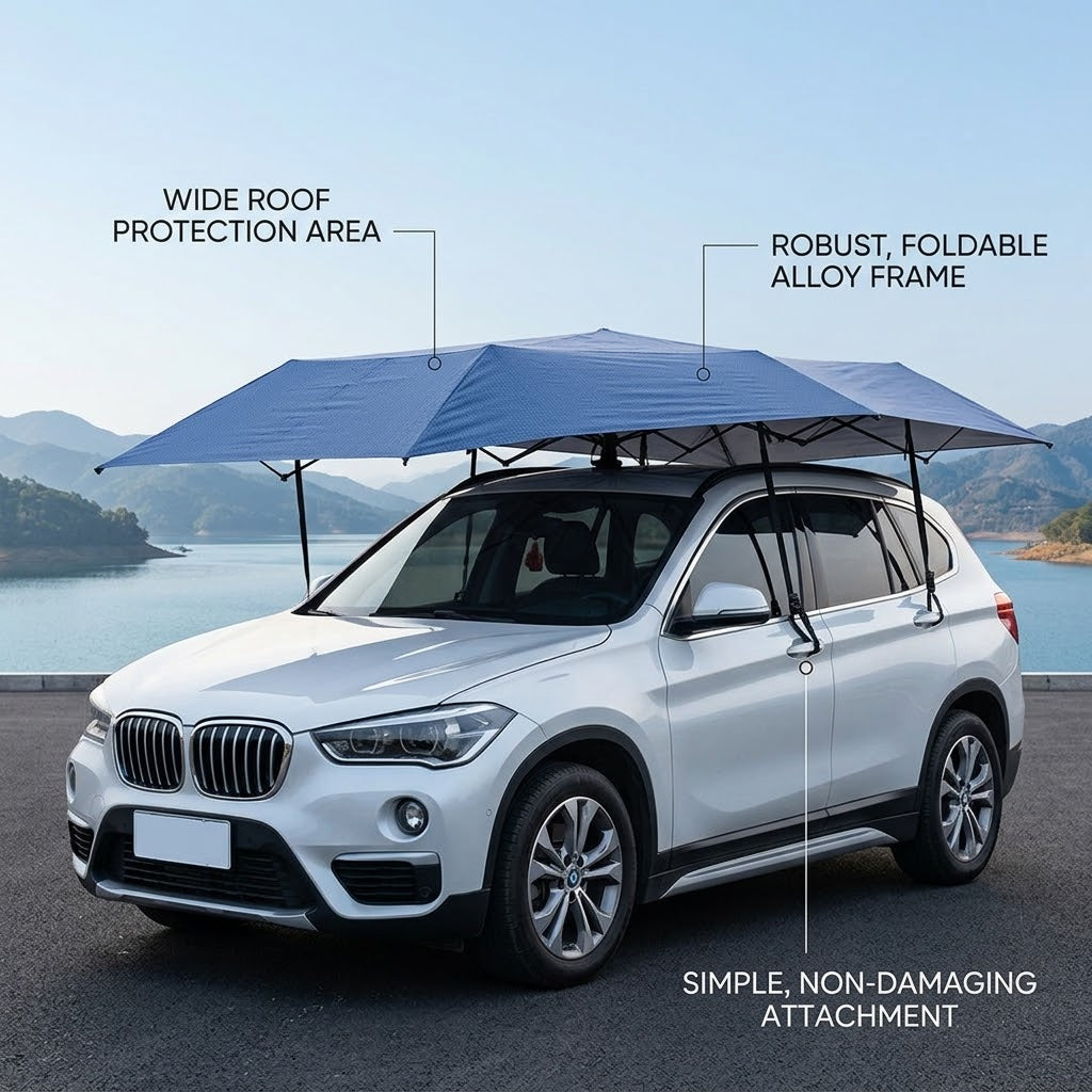Automatic car umbrella tent deployed over a white sedan
