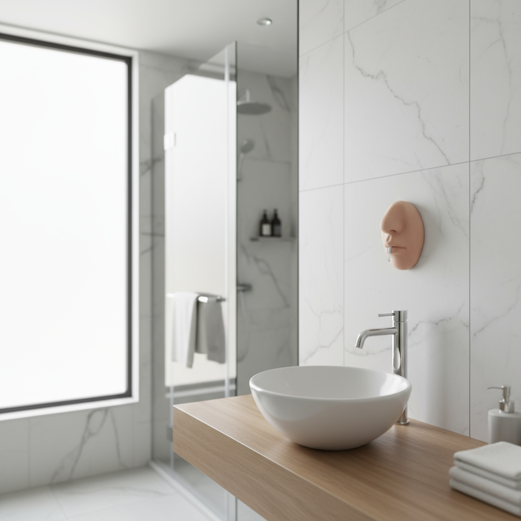 A hand squeezing the funny nose-shaped soap dispenser on a tiled wall