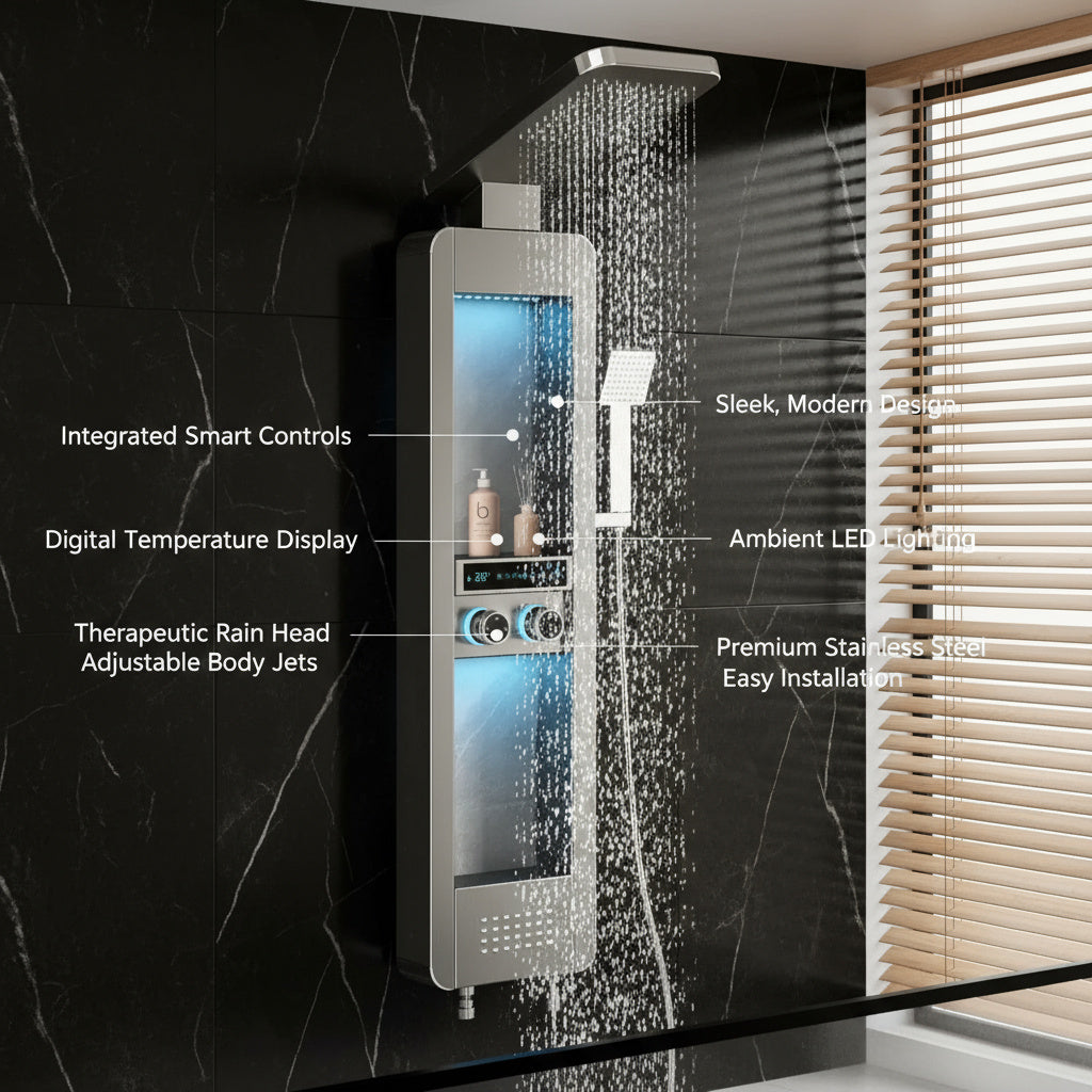 Another angle of the Rainfall Tower Panel Modern Shower Set showcasing its design