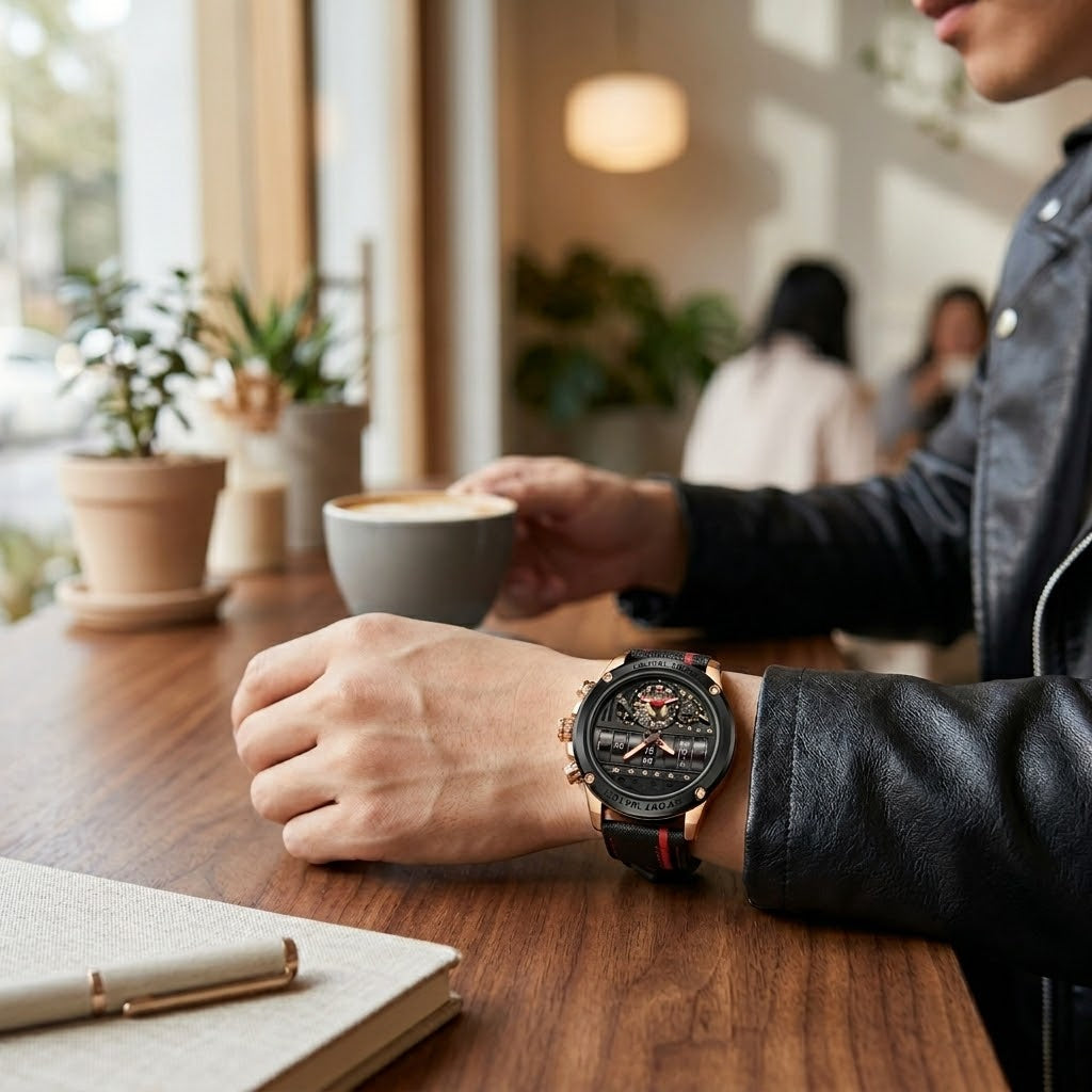 Man wearing the unique Time Capsule rotating calendar watch as a lifestyle present