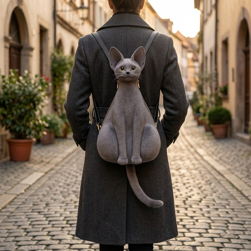 Front view of the unique Sphinx Sculpted Cat Backpack gift idea