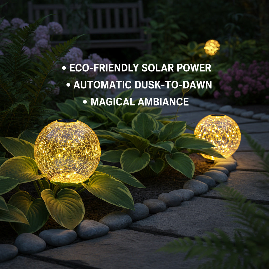 Solar powered glass garden lights illuminating a pathway