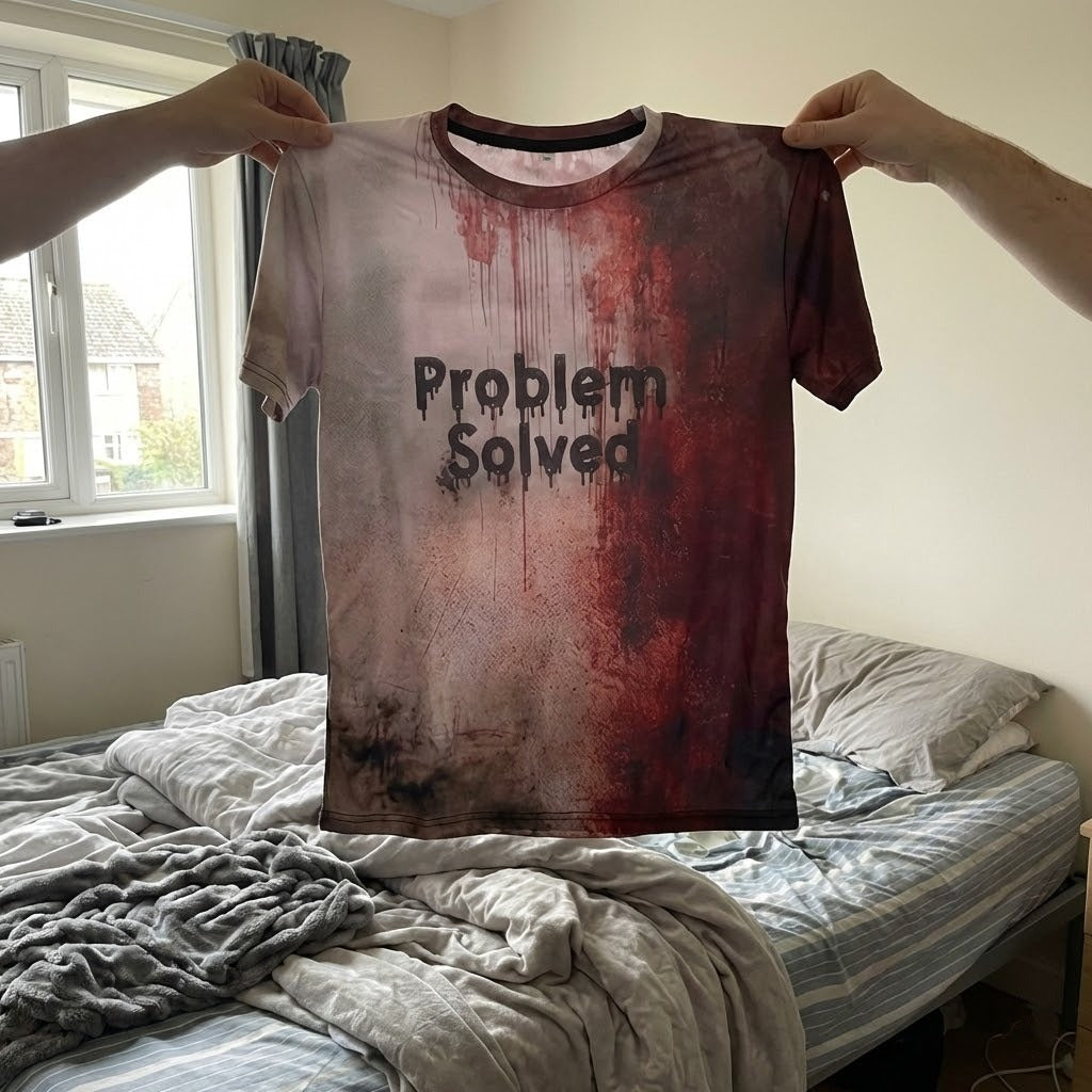 Man wearing the black Problem Solved Funny T-Shirt against a dark background