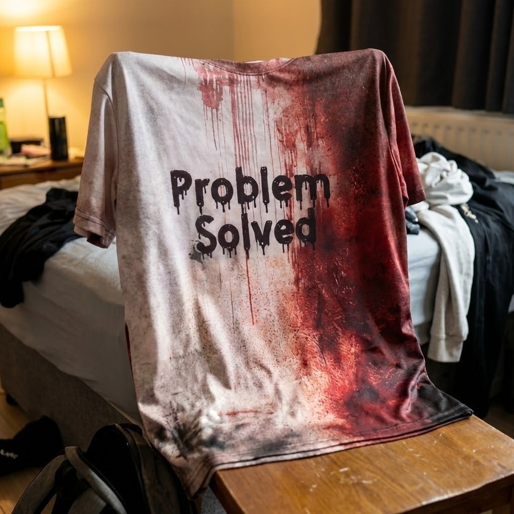 Close-up of the humorous Problem Solved T-Shirt graphic on a black shirt