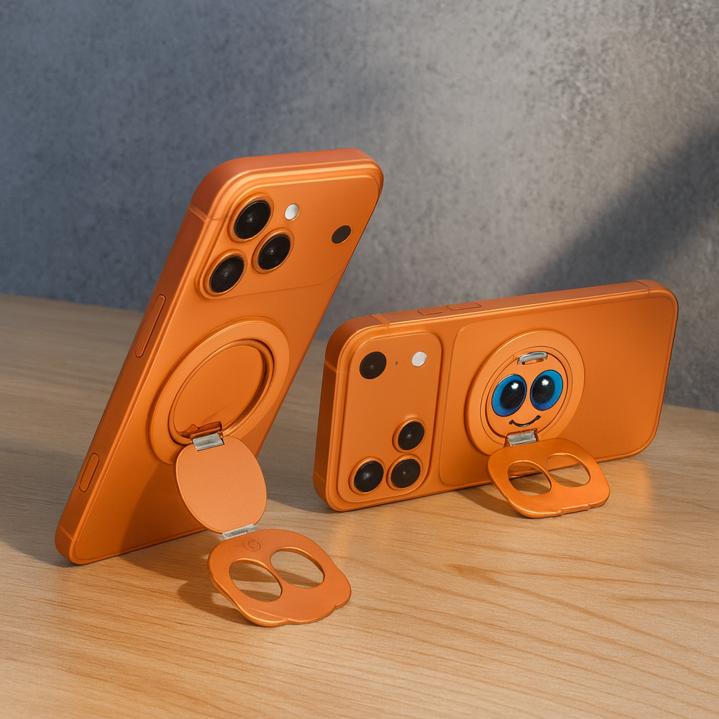 Orange Panda Eyes Magnetic Phone Ring Stand attached to a phone