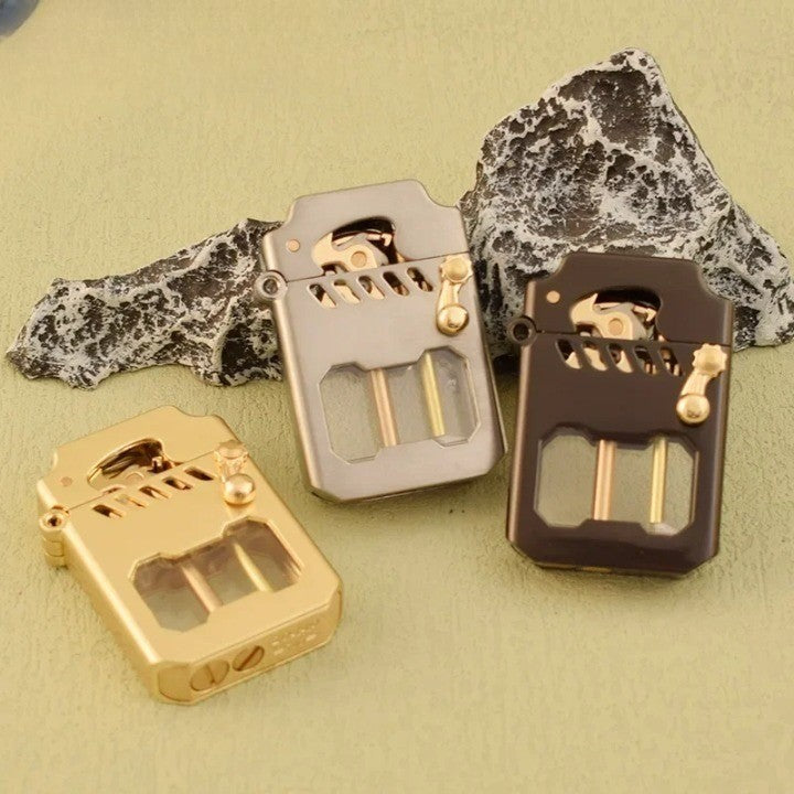 Close-up on the detailed engravings of the retro flame lighter