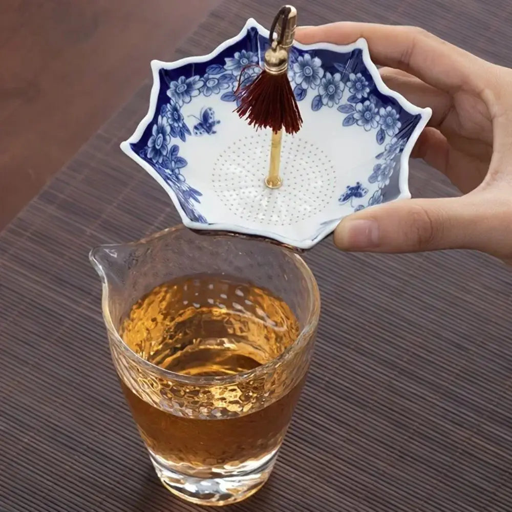 Close-up of the floral pattern on the ceramic umbrella tea strainer