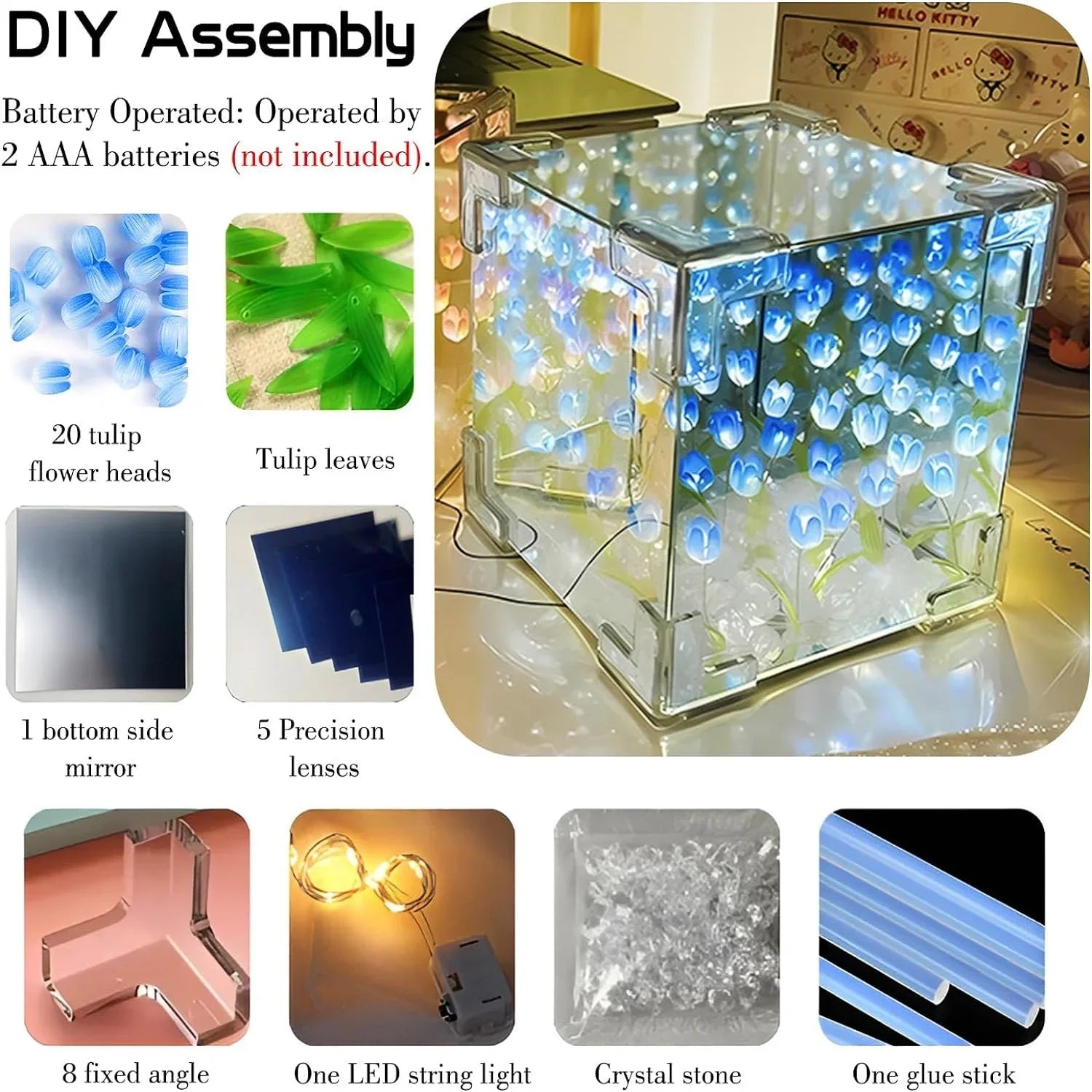 The complete kit of the 3D Tulip DIY Flower Cube Night Lamp laid out.