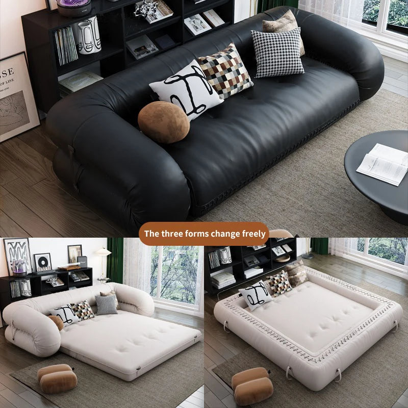 Multi-Fold Vintage Elegant Tatami Leather Sofa Bed transforming into a bed
