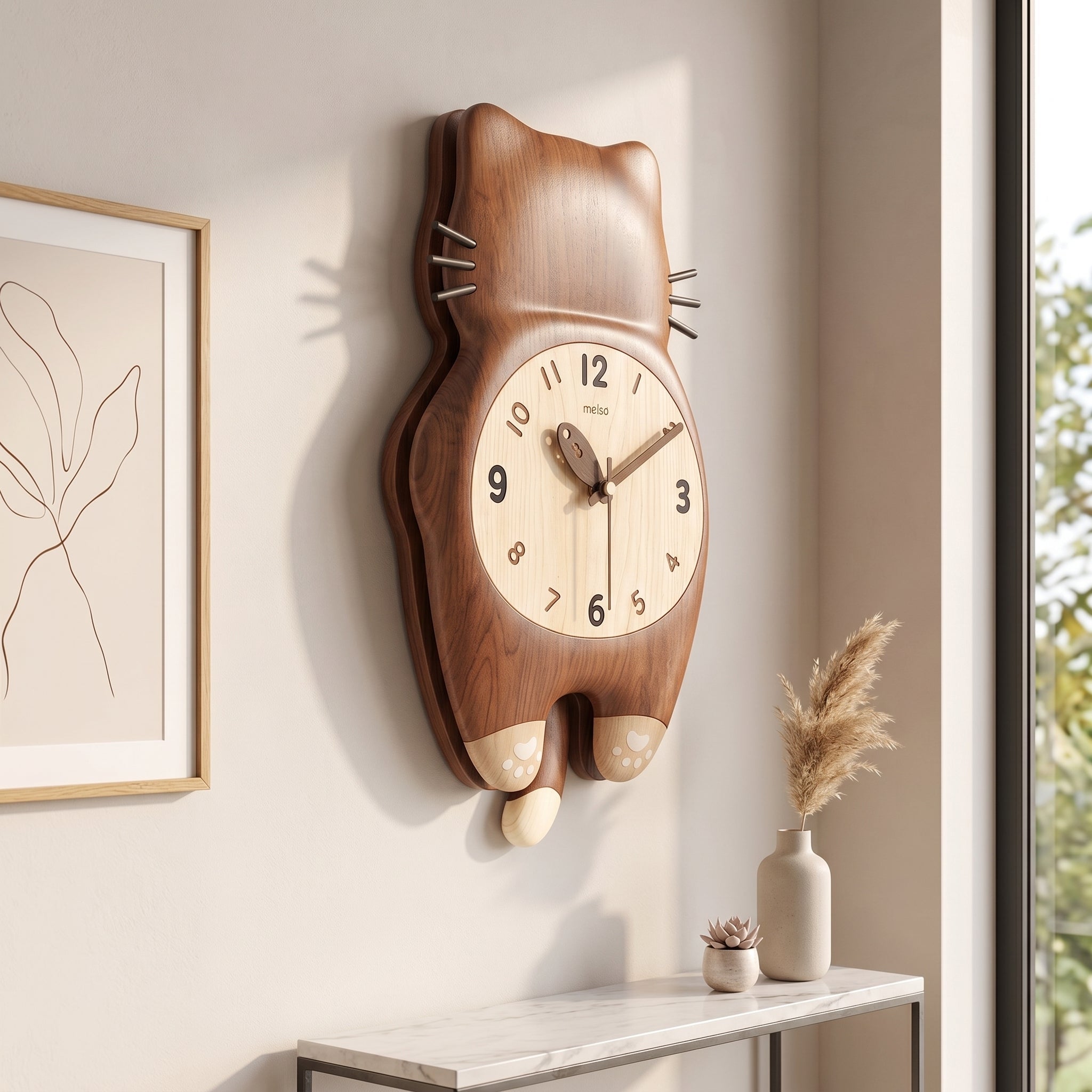 Tail Wagging Cat Shaped Wooden Wall Clock adding charm to a living room