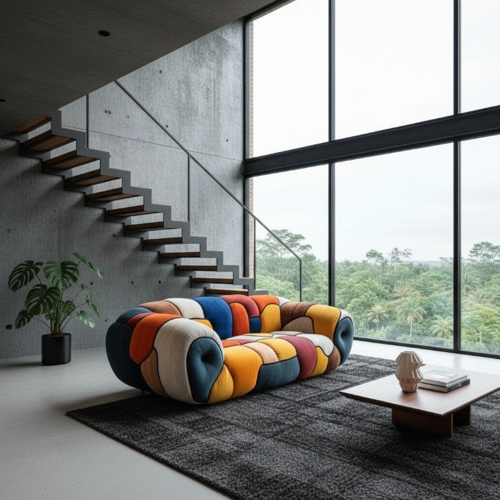 Side view of the colorful mosaic sofa showcasing its depth and comfort