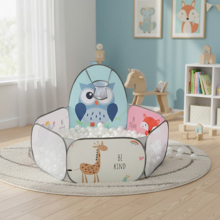 Kids playing happily in the foldable indoor outdoor play pool as a ball pit
