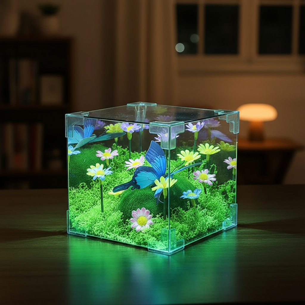 Close-up of the detailed butterflies inside the LED cube