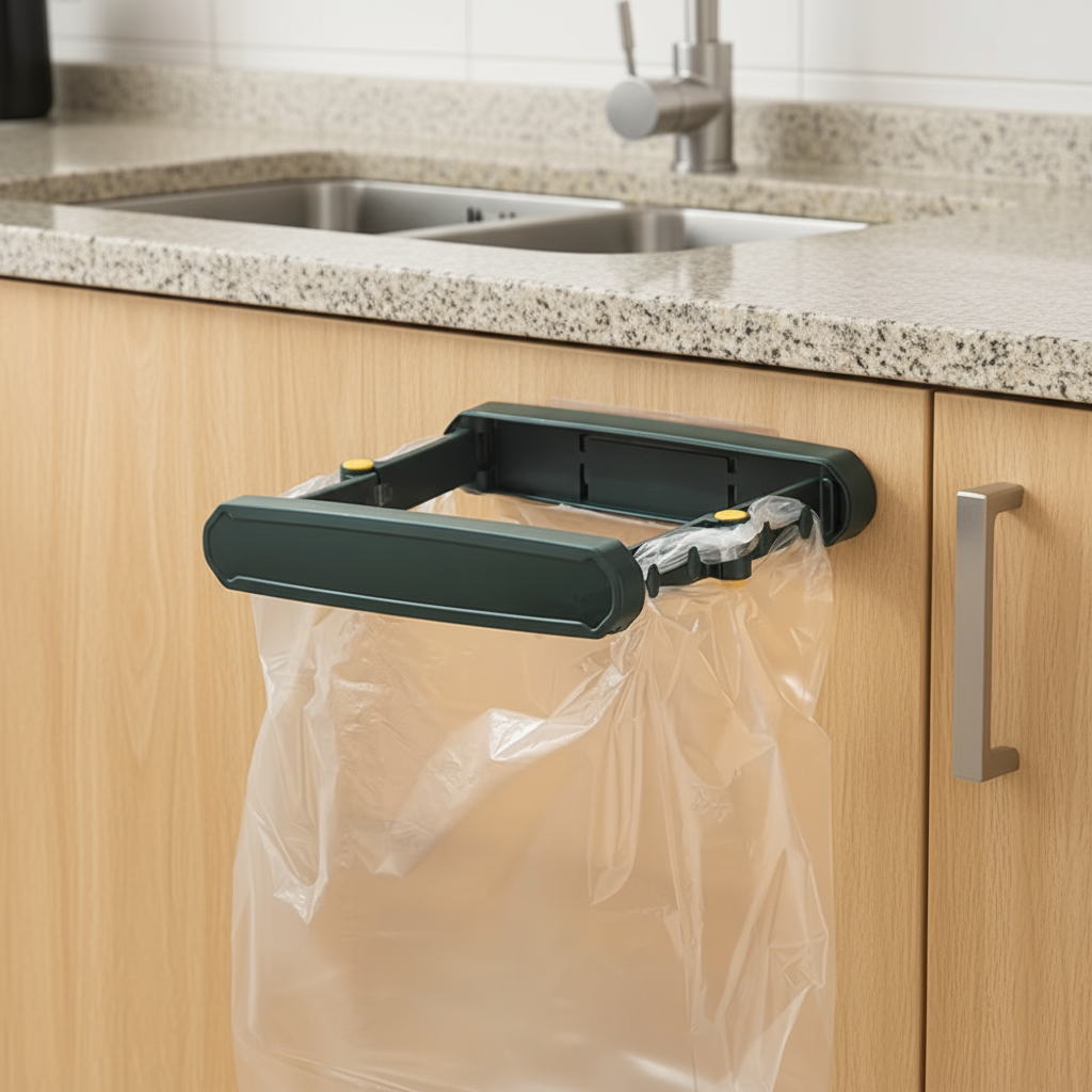 Clip-On Kitchen Mini Hanging Trash Bag attached to a white cabinet door
