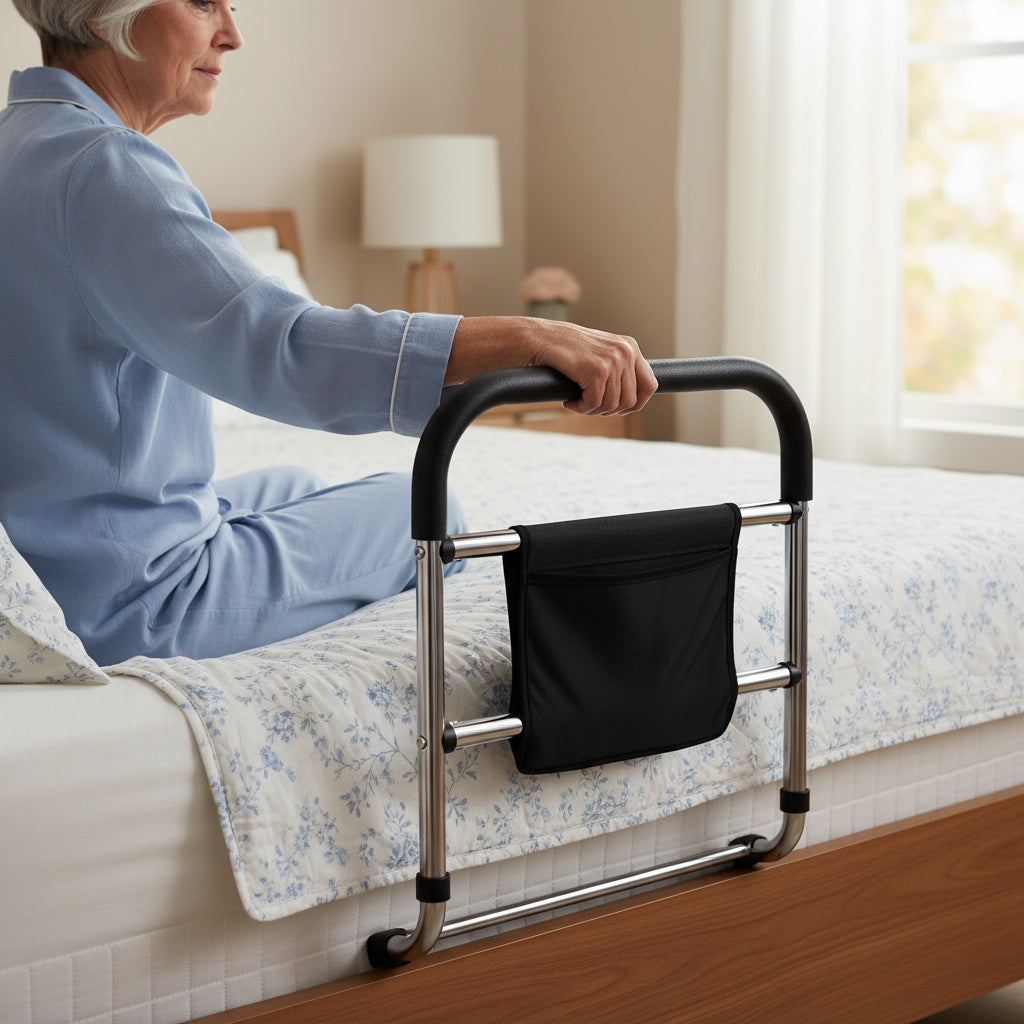 Bed safety rail with its convenient storage pouch for personal items