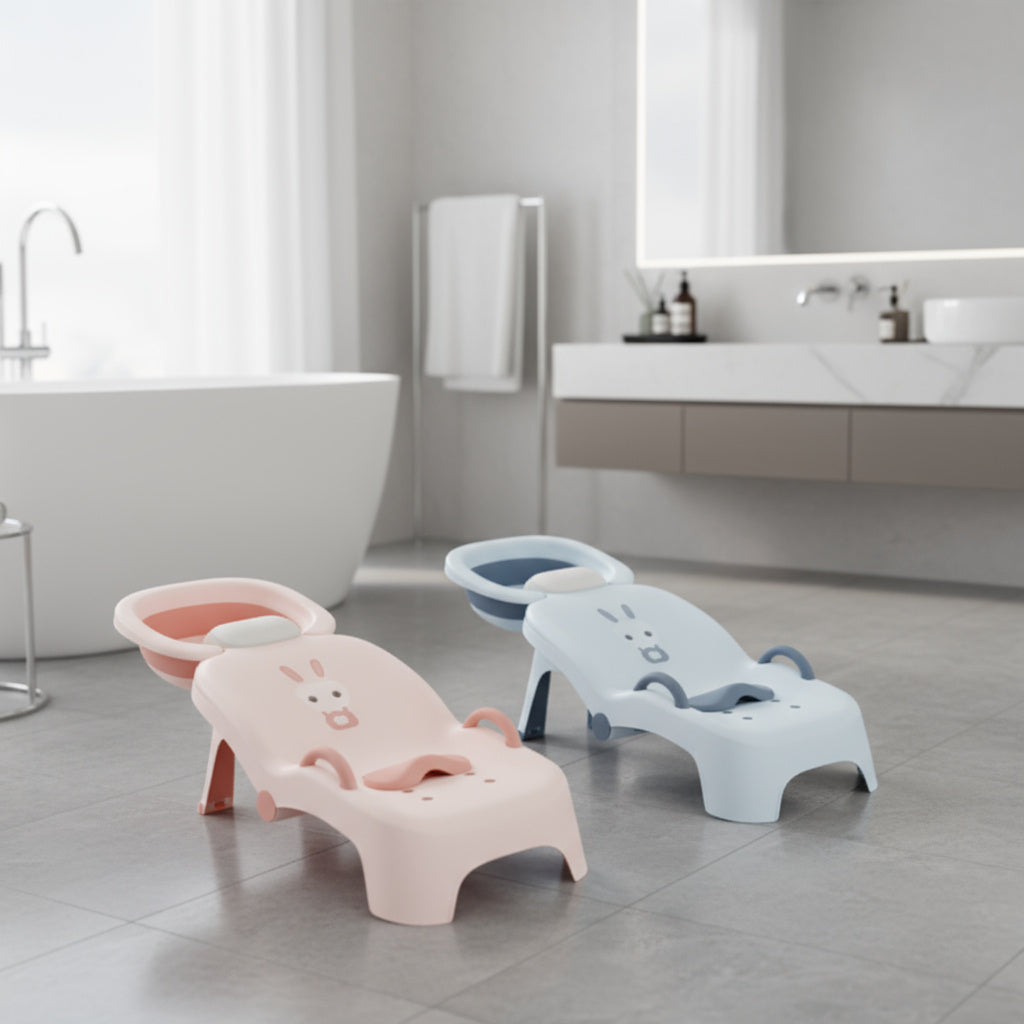 Baby relaxing in the foldable reclining bath support chair