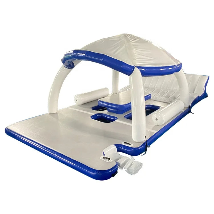 A diagram showing the dimensions and features of the Water Lounge Inflatable Floating Island