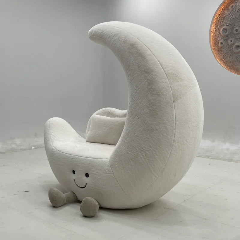 Woman relaxing in the Crescent Cute Moon Plush Lounge Chair