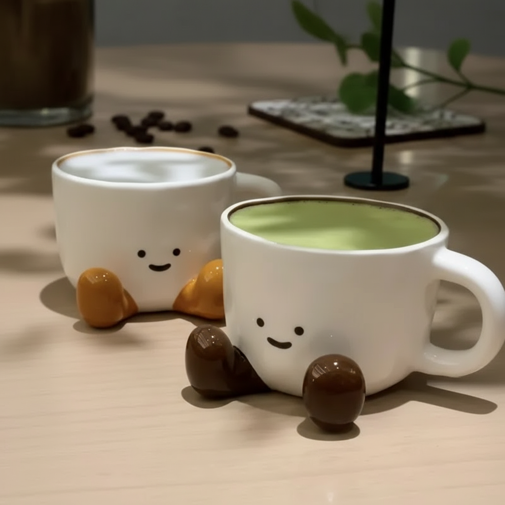Smiling face ceramic mug holding a warm morning beverage