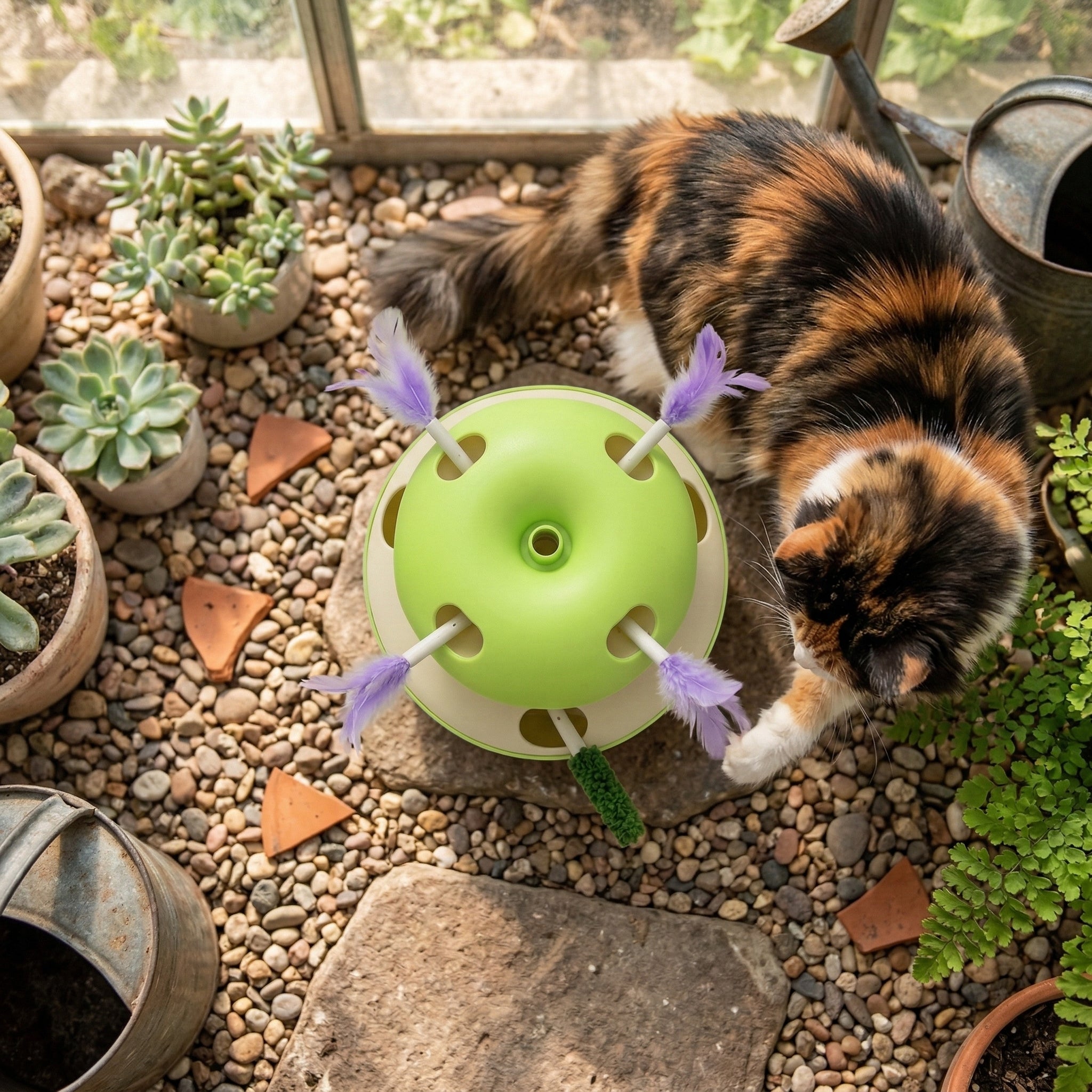 White cat actively playing with the Interactive Apple Style Automatic Cat Teaser Toy