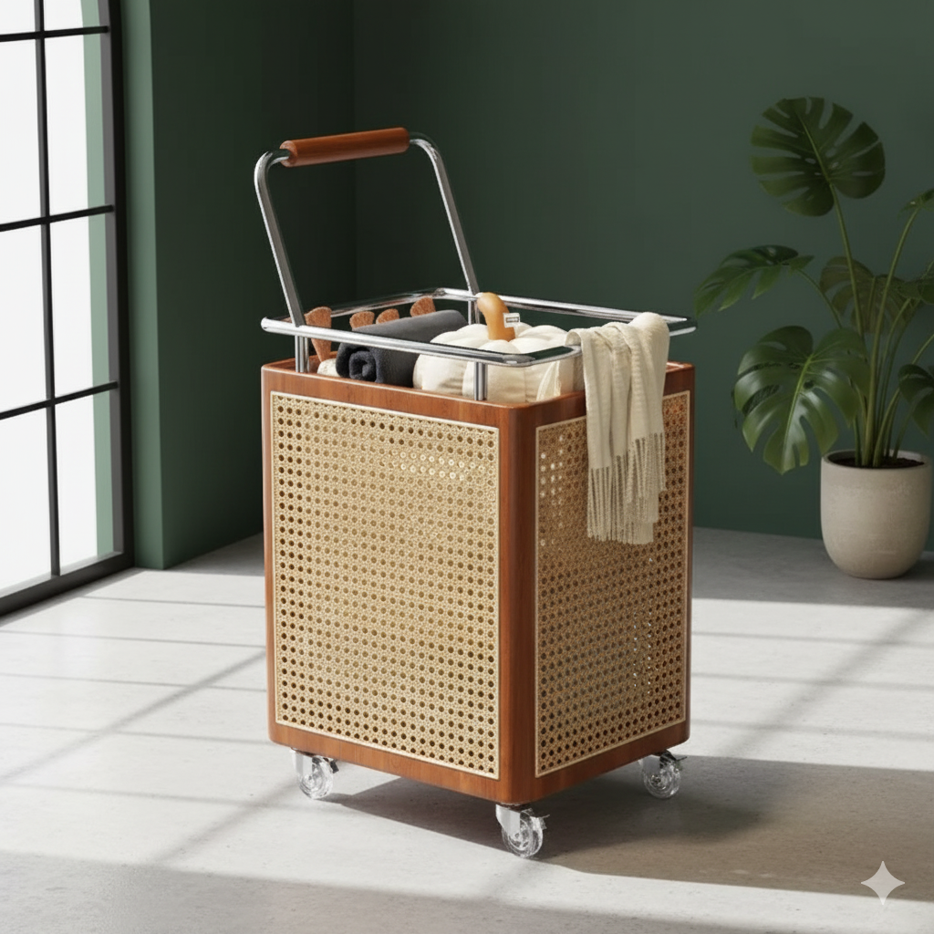 A stylish rattan rolling basket filled with blankets in a modern living room