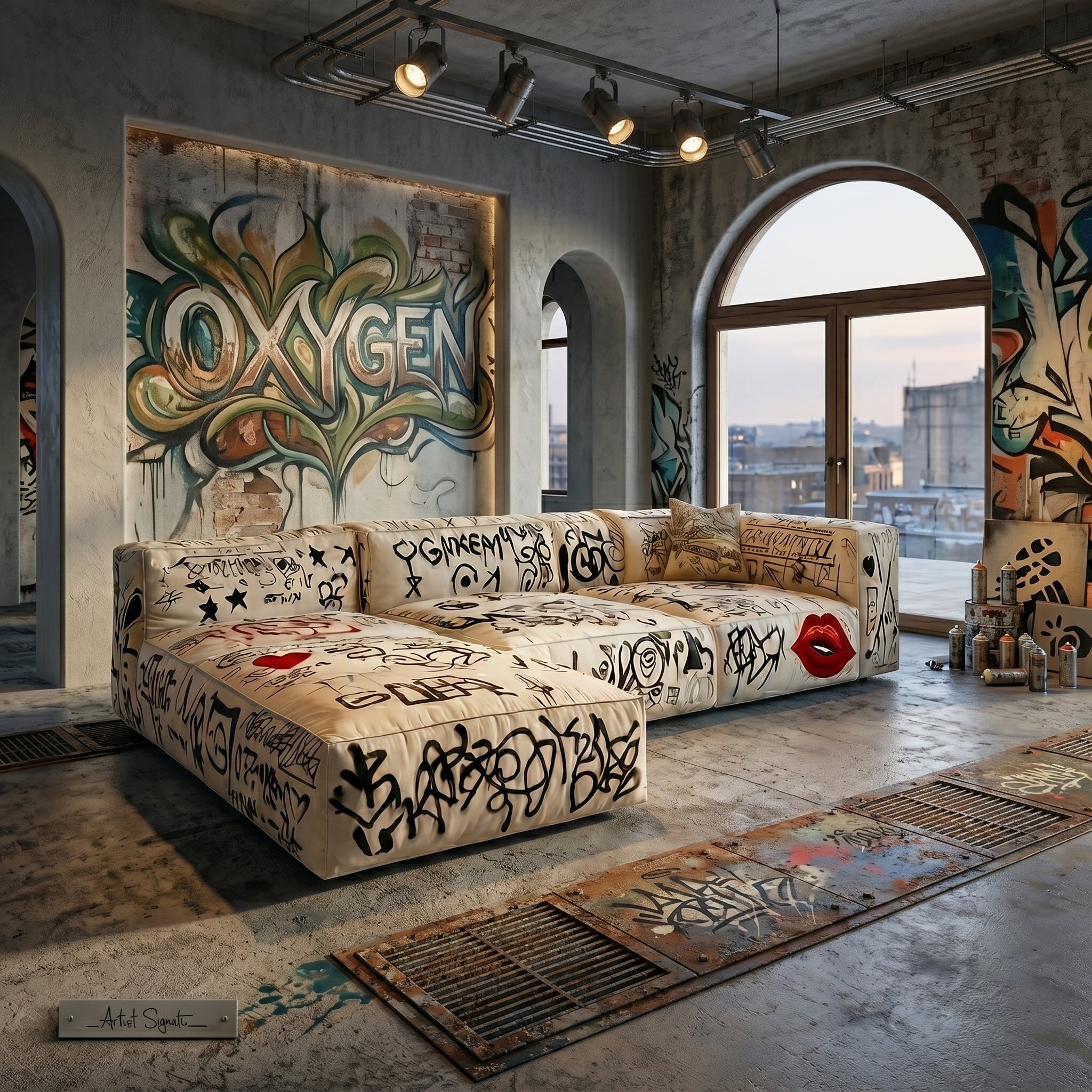 Friends lounging on the unique graffiti printed sofa