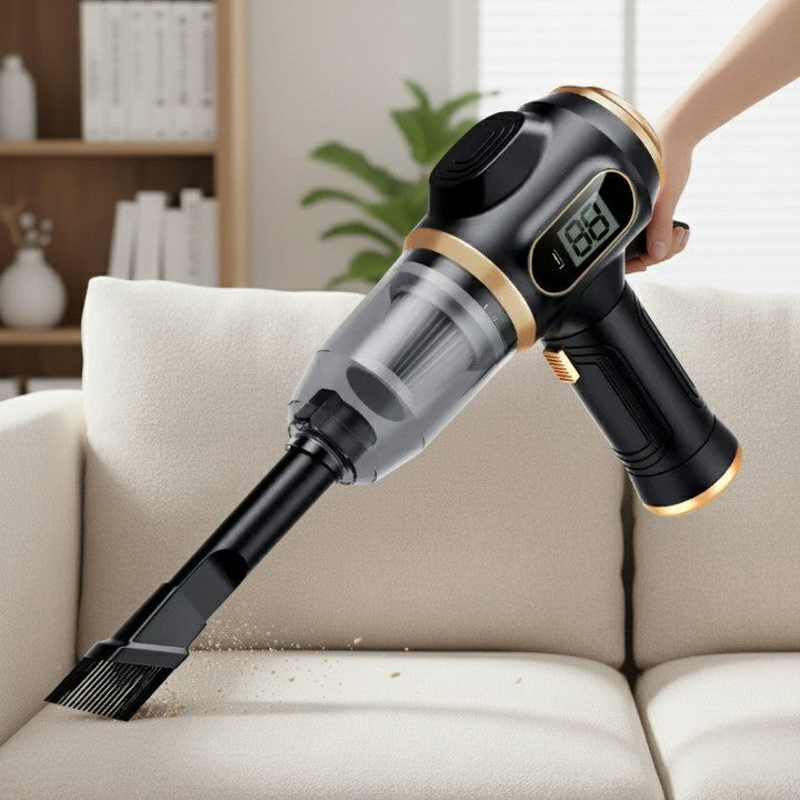 Demonstrating the easy-to-clean filter of the handheld vacuum